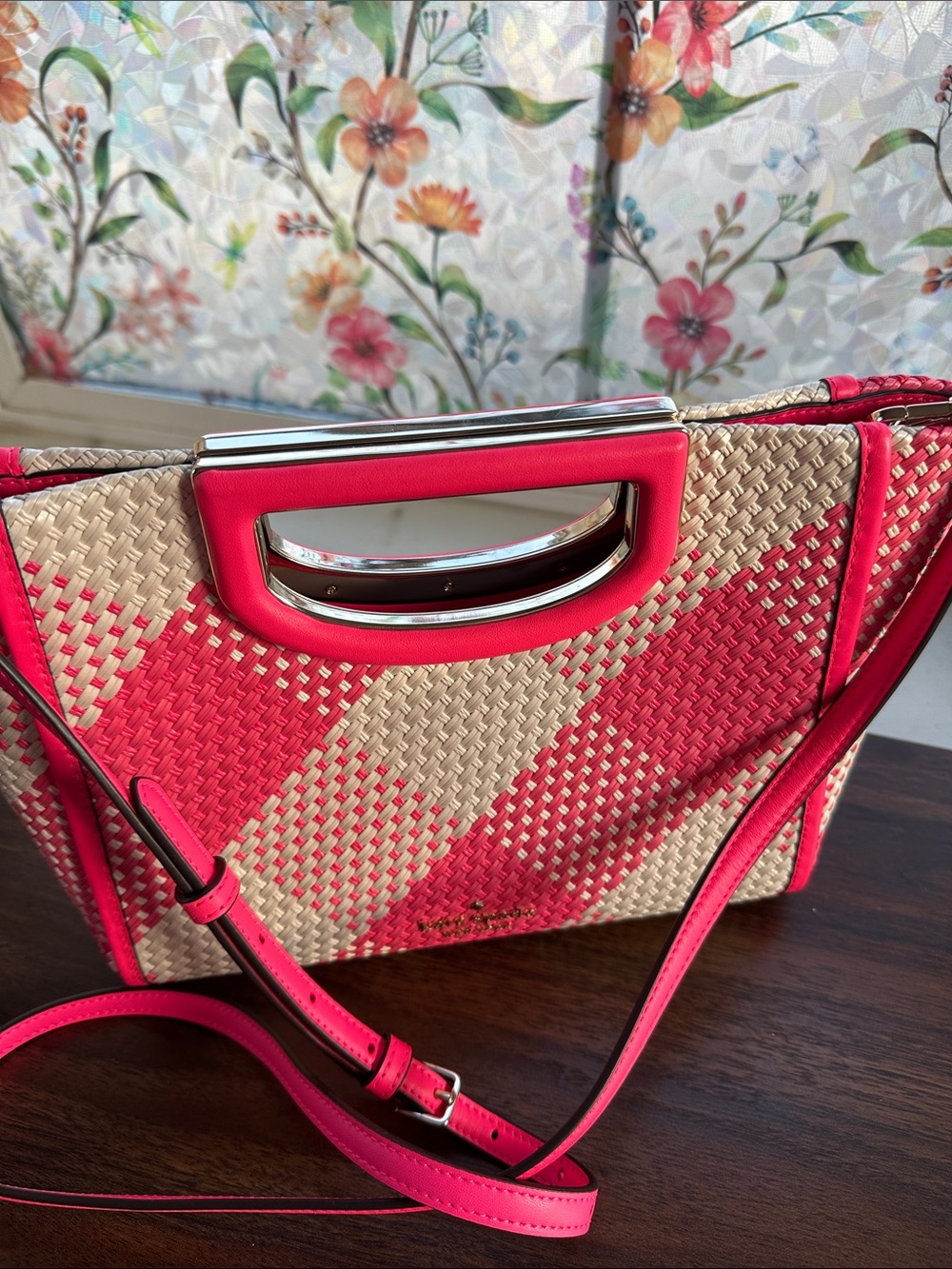 Kate Spade Pink Woven Straw Geometric Satchel Crossbody Bag